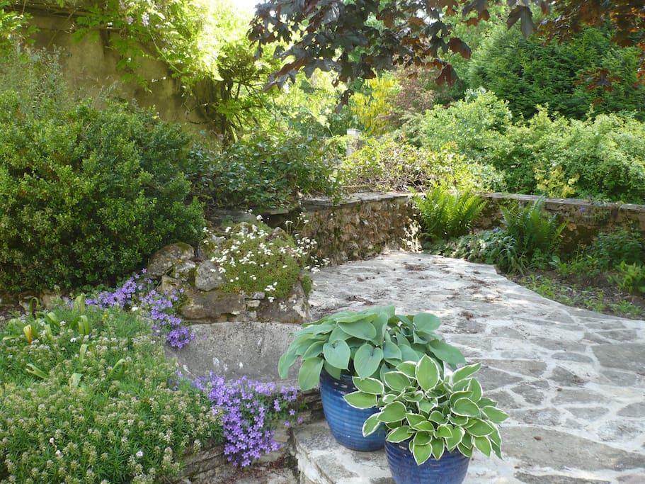 Terrasse abritée par un érable donnant vue sur un charmant jardin