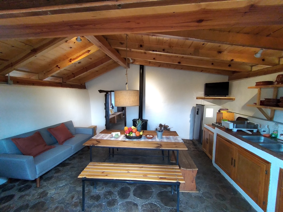 A rustic living area features a gray sofa with accent pillows beside a wooden dining table set with fresh fruit. A black iron stove stands prominently, and wooden beams enhance the ceiling. The kitchen area with shelves and appliances is visible in the background.