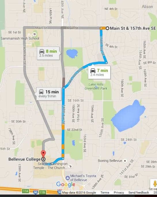 Basic map from house to "heart" of Bellevue College.