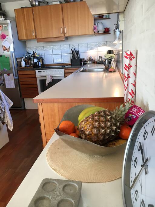 The kitchen is open and friendly