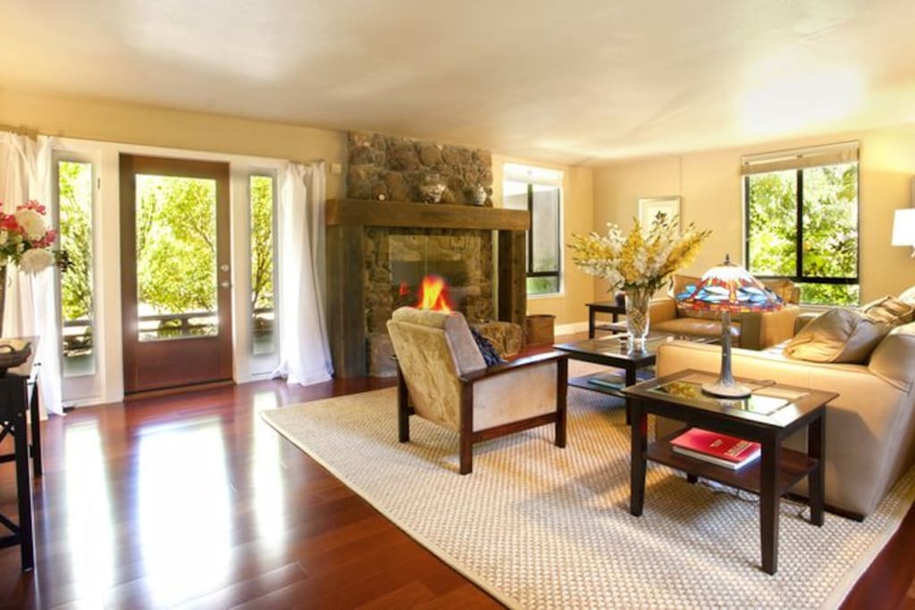 Living room with a cozy fireplace
