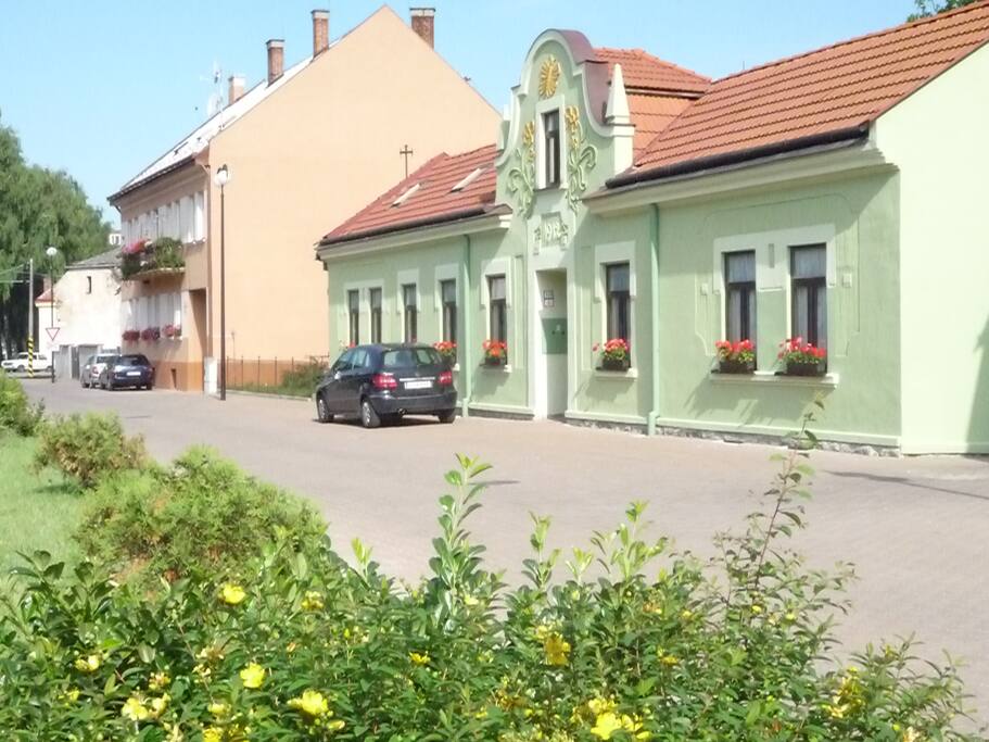 Front of villas with parking