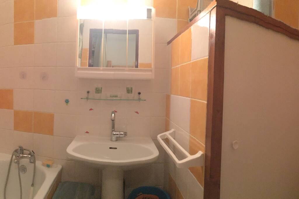 Salle de bain avec baignoire et toilettes équipée d'un chauffage individuel. Les produits de toilettes (gel de douche, shampooing, sèche cheveux) sont disponibles, ainsi que serviette et gant pour vous permettre de débuter votre séjour dans les meilleures conditions.