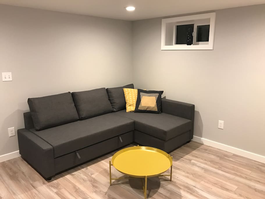 Living room with sleeper sofa and flat screen TV.