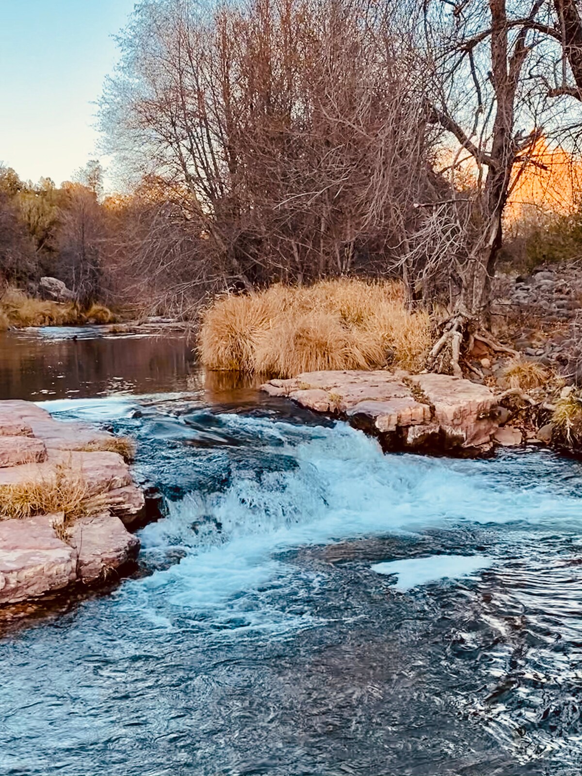A gentle stream flows over smooth stones, creating small cascading waterfalls. Surrounding vegetation includes grasses and bare trees, indicating a tranquil natural setting. The soft morning light casts a warm glow over the landscape, enhancing the peaceful atmosphere.
