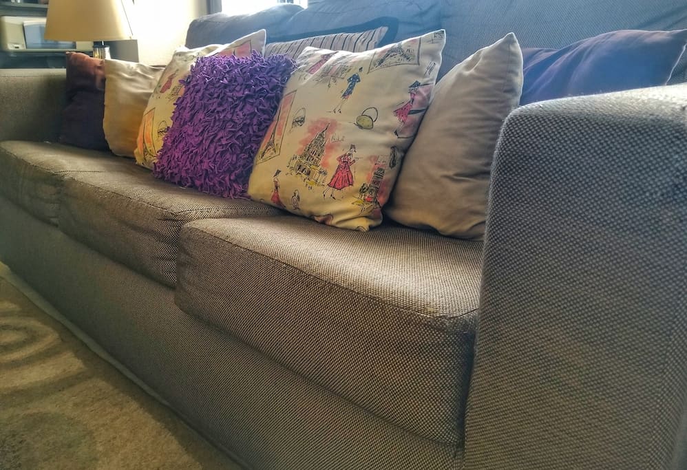Pull out couch with queen size bed has plenty of pillows, blankets and a set of sheets in this chic, downtown Denver condo.