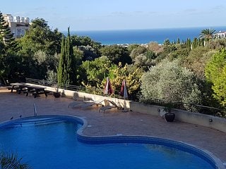 A serene outdoor space features a curved pool surrounded by loungers and umbrellas, set against a backdrop of lush greenery. The distant blue sea is visible in the horizon, enhancing the sense of tranquility in the area.
