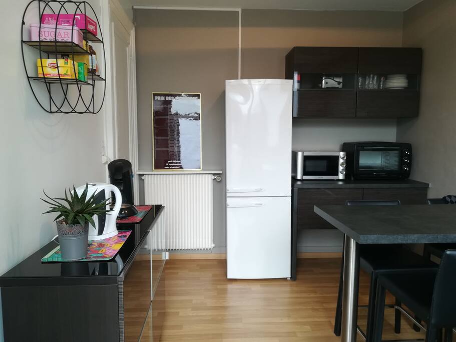 Cuisine équipée d'un réfrigérateur, d'un four, d'un micro-ondes, d'une plaque à induction...