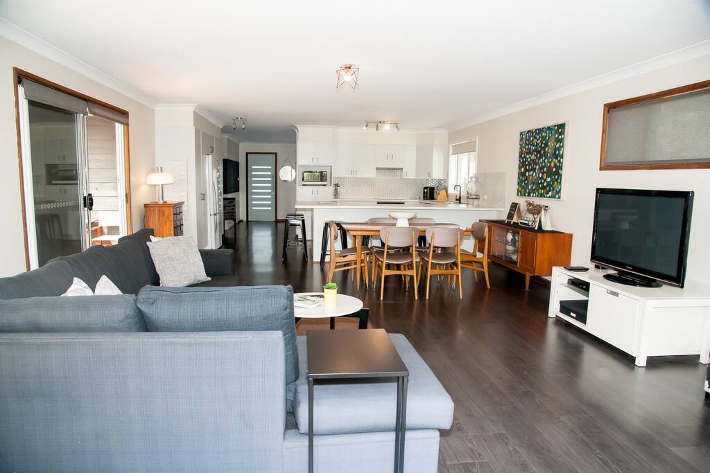 Open living with views of the pool at our Mollymook Beach Holiday Rental. Family and pet friendly accomodation on the South Coast of NSW.