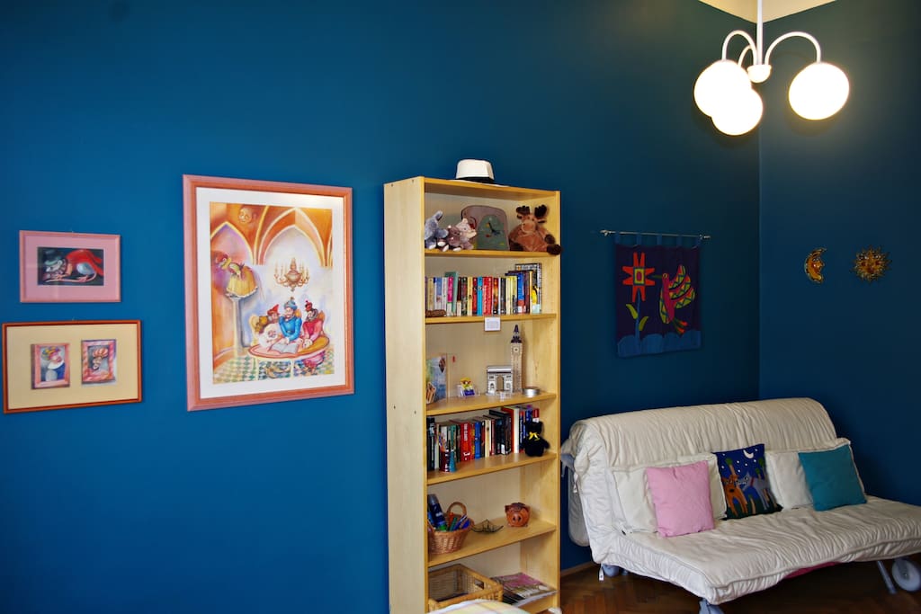Blue bedroom with queen sized bed - this room can sleep up to 4 people