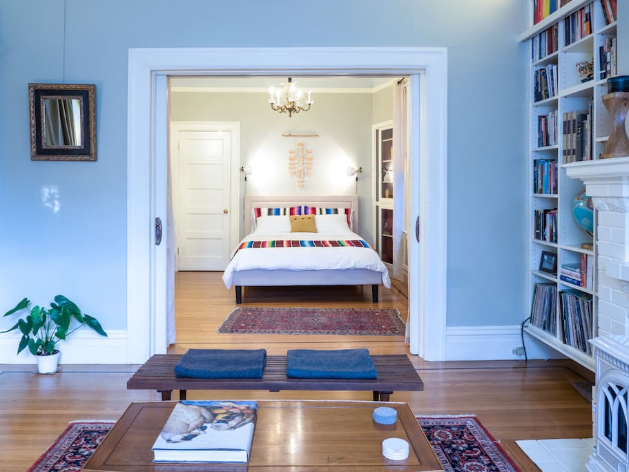 View of the bedroom from the couch in the sitting room.