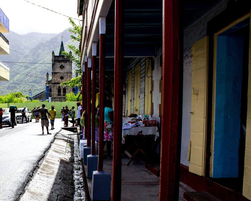 SOUFRIERE CATHOLIC CHURCH AND ROADSIDE MARKET AROUND THE CORNER
