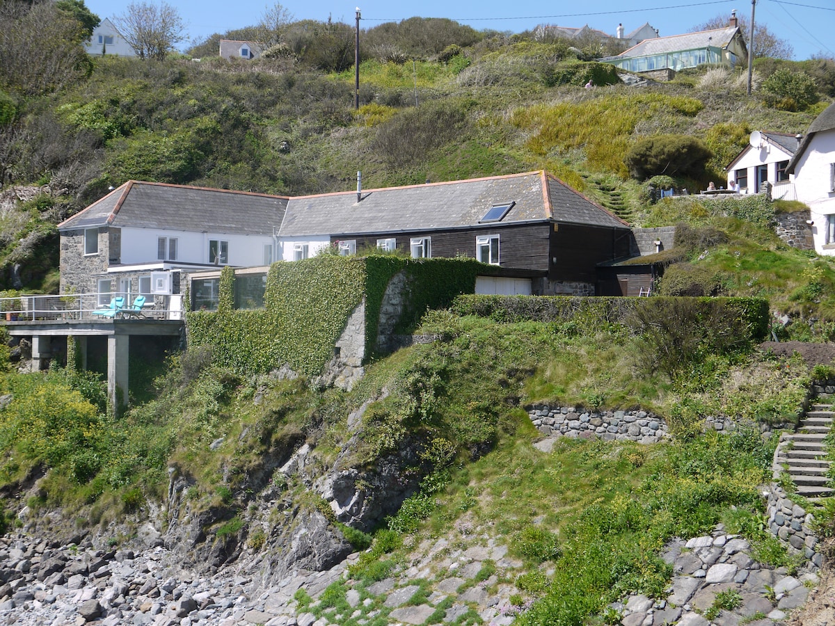 The property features a contemporary design with a blend of wood and stone materials. Coastal greenery softly climbs the walls, and covered outdoor seating is visible on the terrace, providing a scenic view of the surrounding landscape and beach.