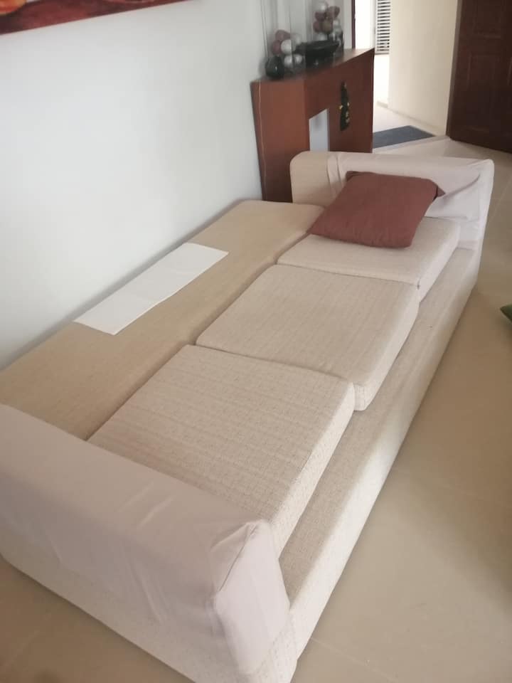 客厅有小沙发床。 适合5英尺5英寸以下的一人或两个小孩入住。 这张沙发有床单和枕头。 