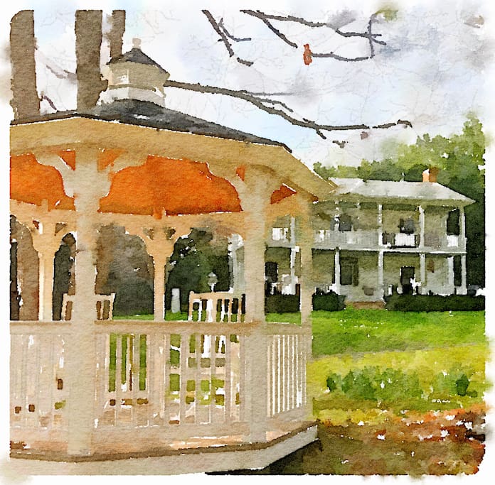Watercolor view of the gazebo and house