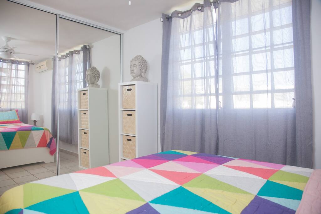 Master bedroom with queen size memory foam mattress