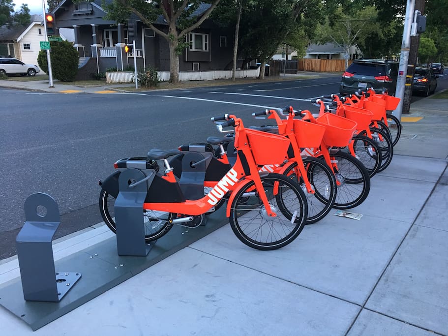 Jump bike rental station is located on our block. It’s easy to use and it’s an e-assist bike so you’re not just depending on yourself to peddle, the bike is helping as well.