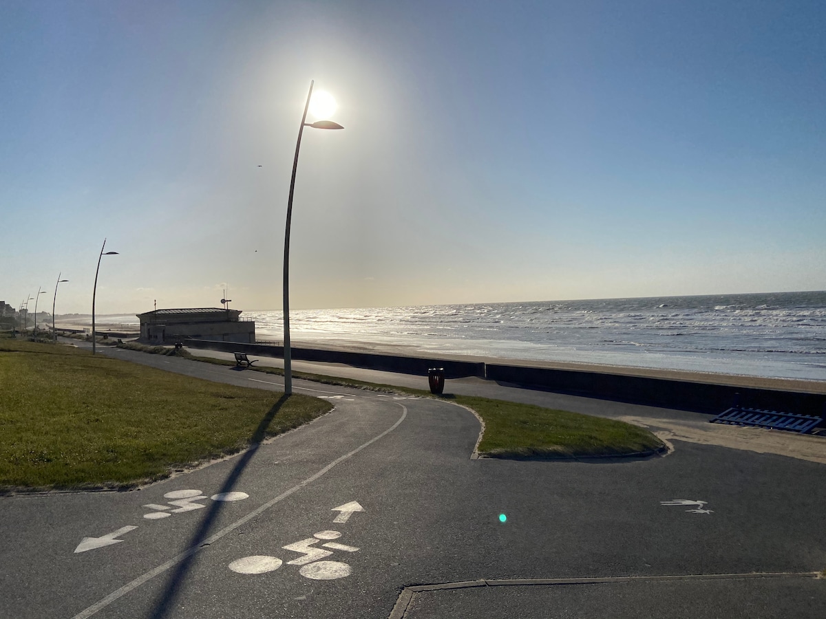 A coastal pathway leads towards the beach, with clearly marked cycling and walking lanes. The sun shines brightly in the sky, illuminating the path and the serene ocean waves in the distance. The grassy area adds a touch of greenery to the setting.