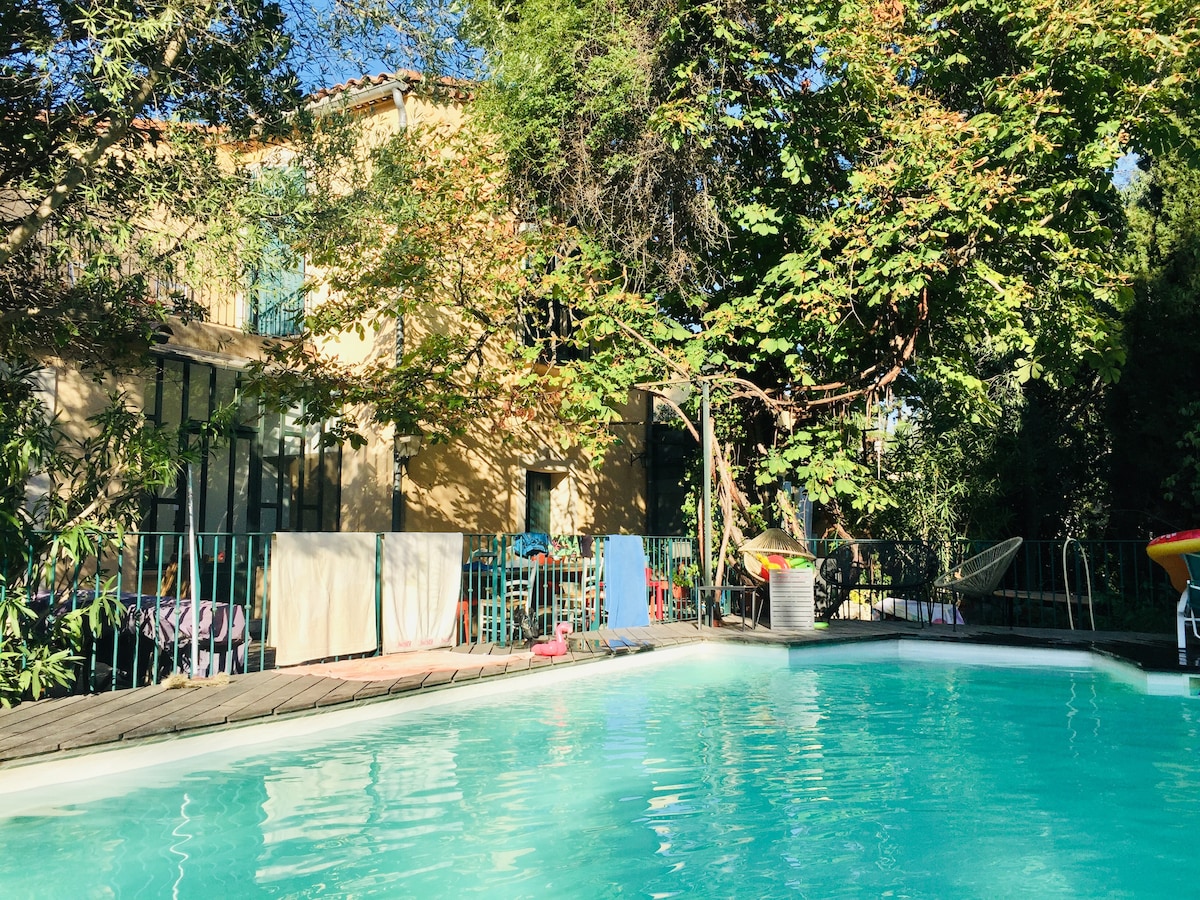 A shared swimming pool is surrounded by lush greenery and wooden decking. Sunlight reflects off the clear water, while a charming residence is visible in the background, partially obscured by trees. Brightly colored lounge chairs and a hammock offer inviting spaces to relax.
