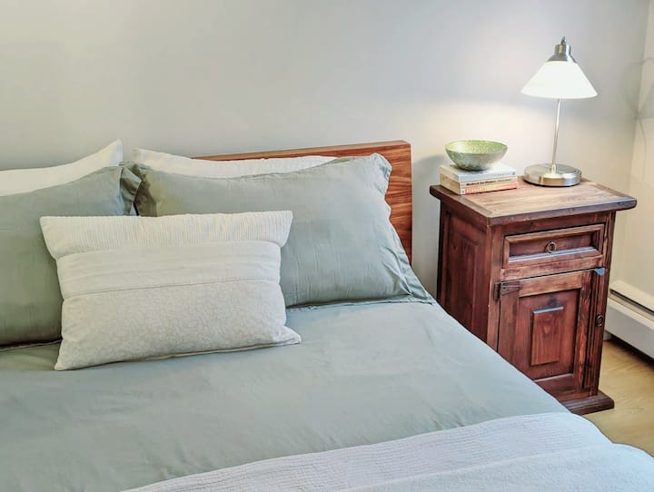 Restful queen sized mattress with comfy duvet and plenty of soft pillows.