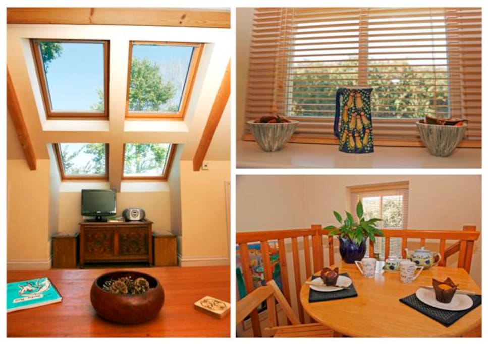 Four big Velux windows and open beamed ceiling make this an airy and light space.