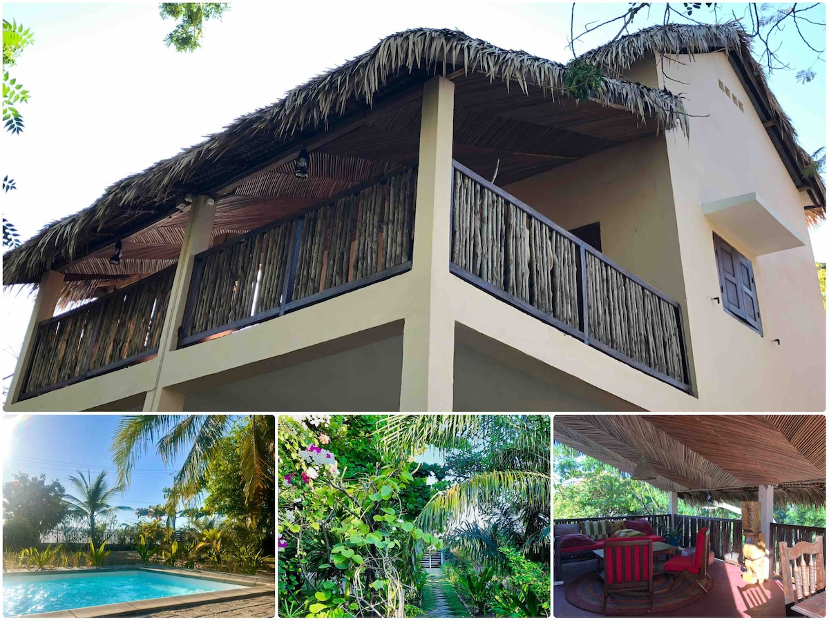 A two-level studio features a thatched roof and a spacious balcony, surrounded by lush greenery. Below, a tranquil swimming pool is visible, framed by palm trees. A pathway leads through the vibrant garden, enhancing the connection to nature.