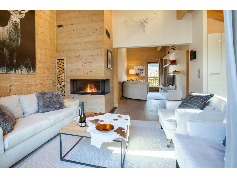 A warm living area features natural wood paneling and a contemporary fireplace. Two comfortable sofas are positioned nearby, complemented by a coffee table adorned with a decorative tray. Light from the large windows brightens the space, inviting a sense of relaxation.