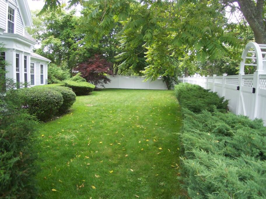 Modest yard is protected by a new 8 foot privacy fence