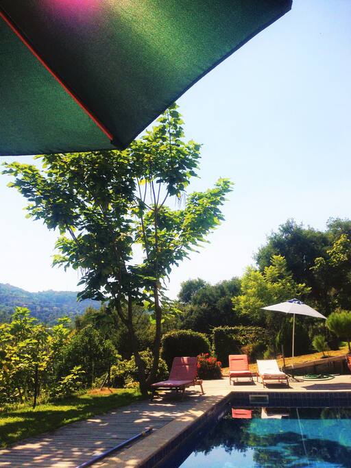 Poolside with views of the terrace and river below.
