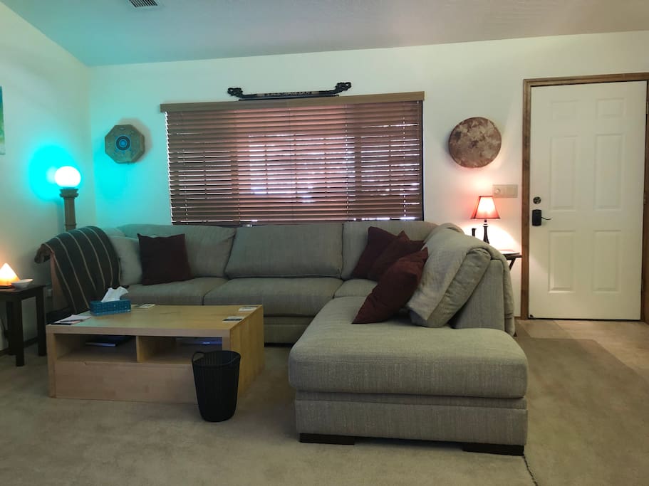 Wide comfortable sectional to relax on after a long hike or take a nap.