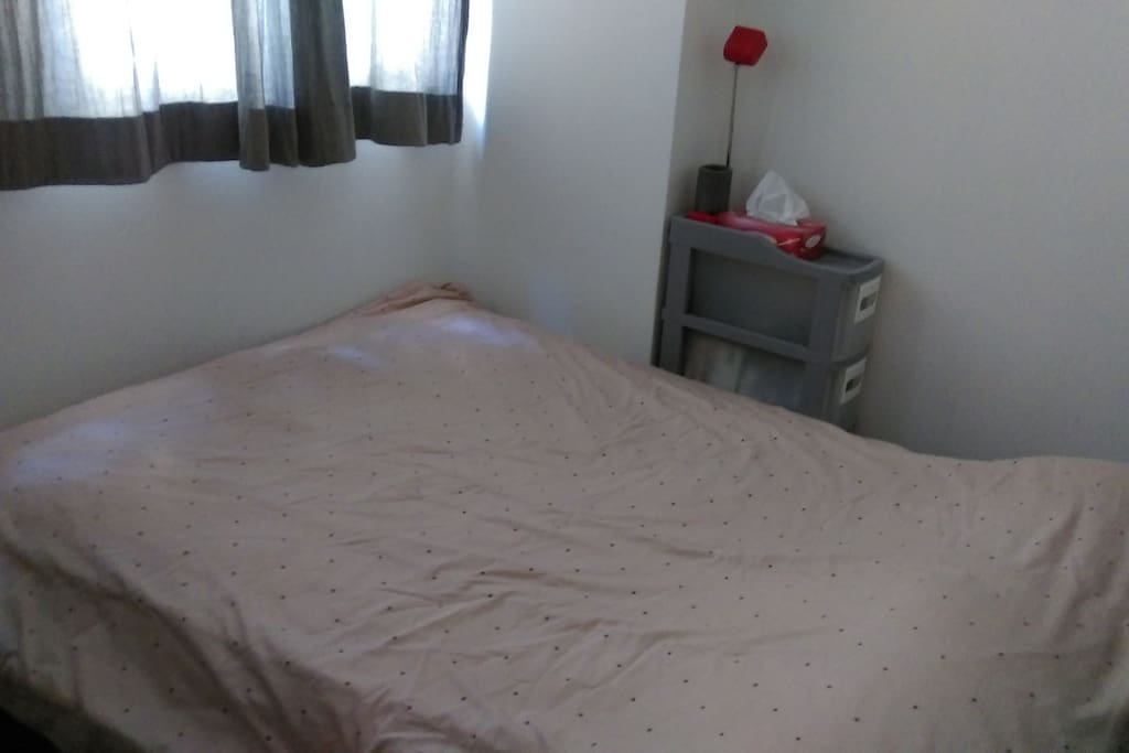 A/C, double bed 6' x 4.5' with 2 medium + 2 soft pillows