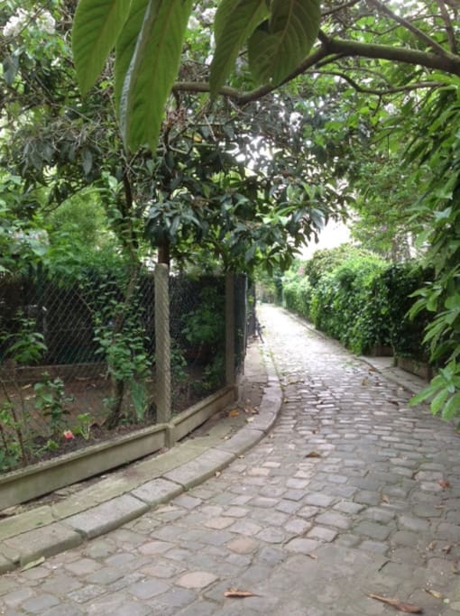 L'allée et les jardins où j'habite. The path and the gardens where the flat is (unfortunatly the gardens are not ours)