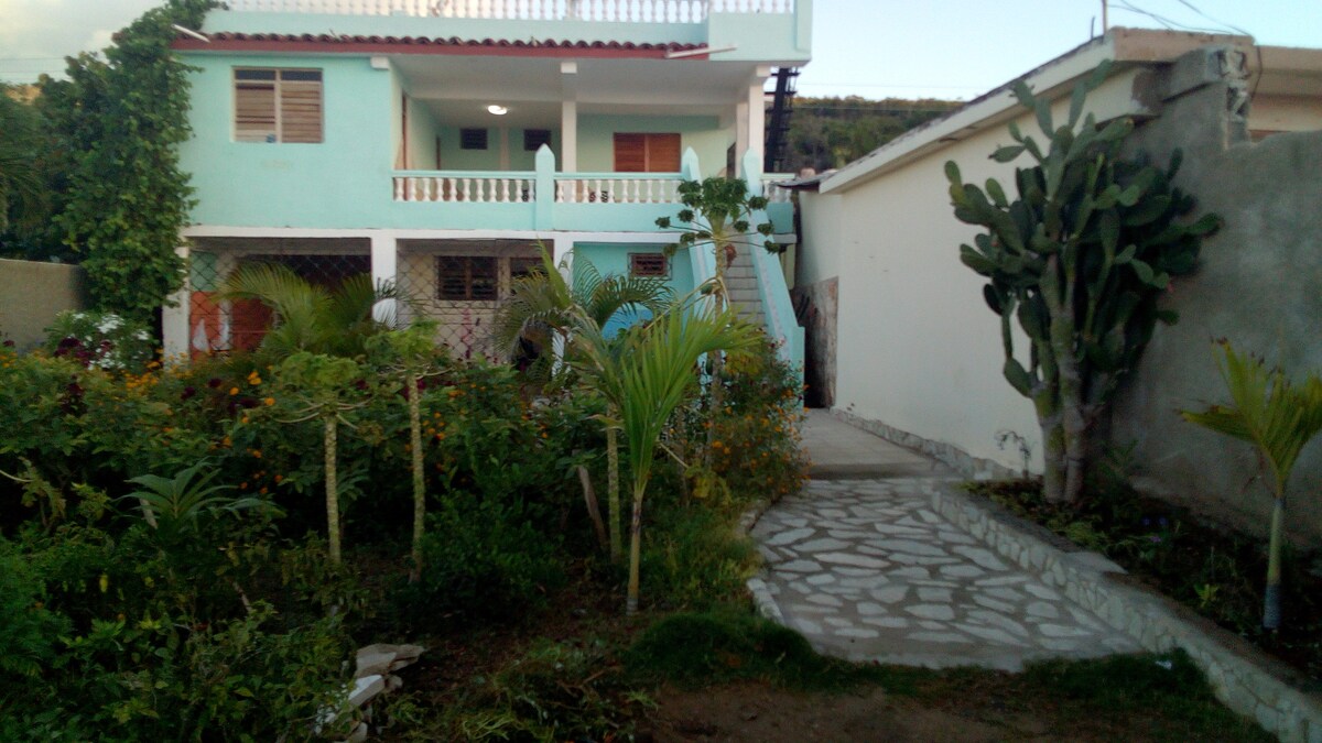 A two-story house with a light blue exterior is framed by a vibrant garden featuring tropical plants and flowers. A stone pathway leads to the entrance, while a balcony is visible on the upper level. A cactus is seen beside the pathway, adding to the natural setting.