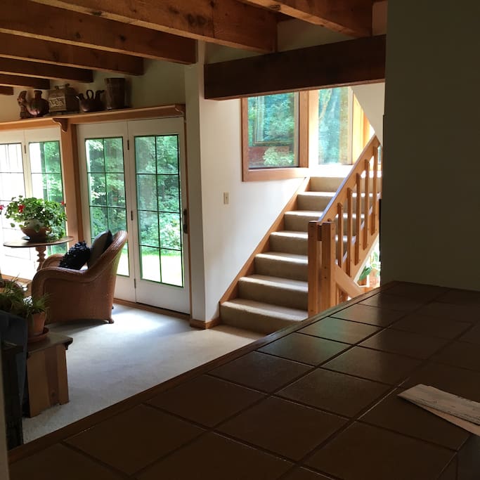 At the top of the stairs.....two (12x14) bedrooms...two baths....one tv room. Almost like a private entrance....I have a separate wing to my house that is my little get-away when I host airbnb guest. So lots of privacy entering and leaving the upstairs area.