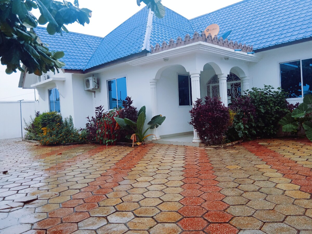 The entrance of the house is framed by vibrant greenery, with a wide pathway made of hexagonal, colorful stones leading up to the covered porch. The structure features a unique blue roof and large windows that reflect the surrounding foliage, creating a welcoming atmosphere.