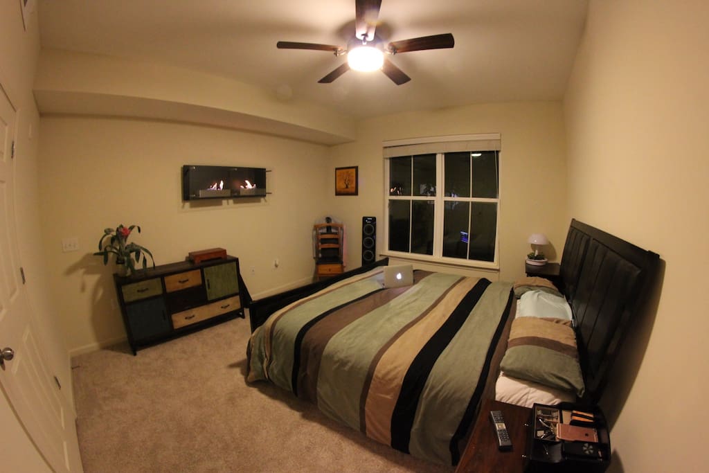 Cozy bedroom with a fireplace (noticing a trend?). King sized bed or is it a cumulus cloud? Egyptian cotton sheets with a thread count more easily written with scientific notation.