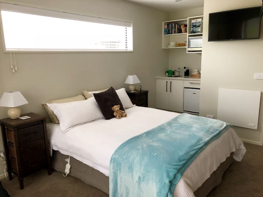 Queen bed, wall TV with Netflix, kitchenette.