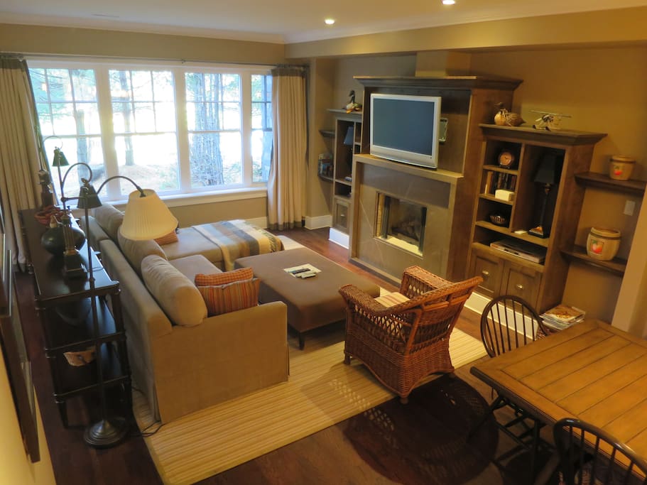 Comfortable living area with flat screen TV & gas fireplace; view to natural pond