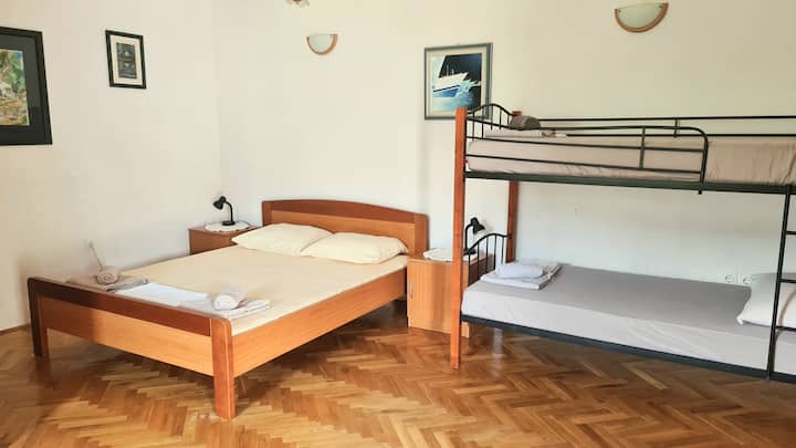 Room No.4: has one double bed and one bunkbed + bathroom