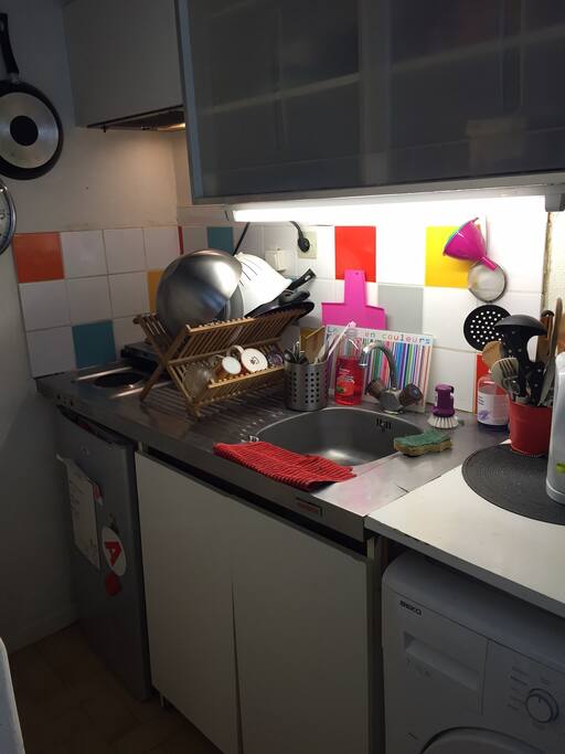 kitchenette équipée plaques de cuisson, frigo, lave vaisselle, bouilloire, four, micro onde