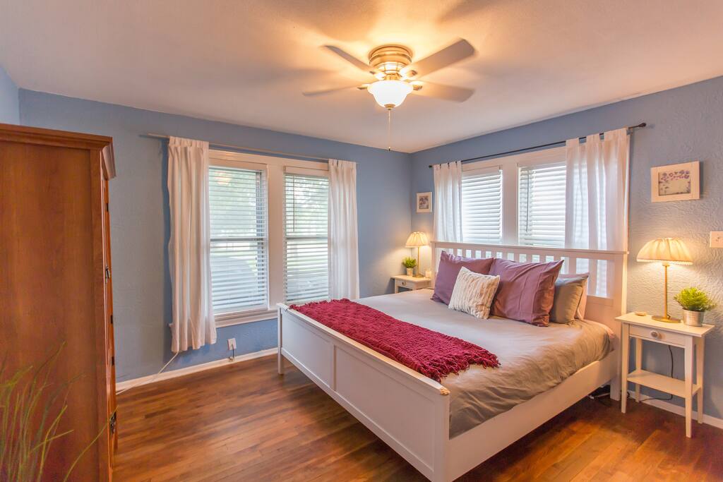 The front bedroom, king memory foam bed and Apple TV