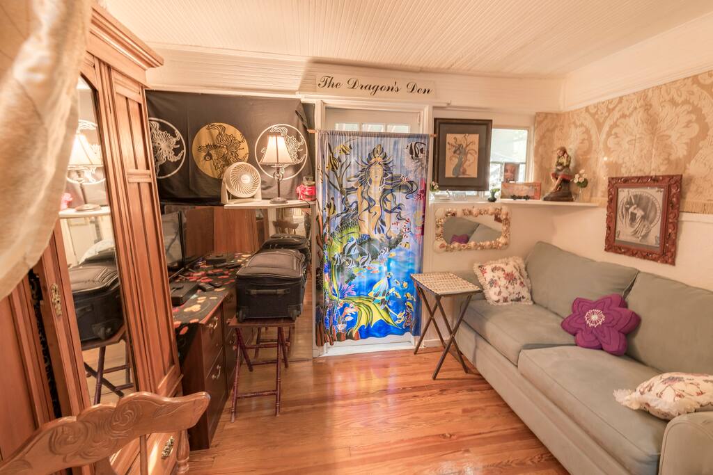 Airbnb Sitting Room with fold out couch into heated double bed