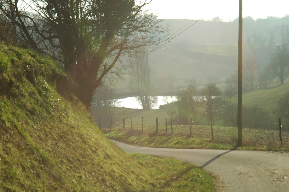 A winding road is visible, bordered by gentle hills and patches of greenery. A serene body of water can be seen in the distance, framed by soft lighting that creates a calm atmosphere. Bare trees dot the landscape, enhancing the rural charm.