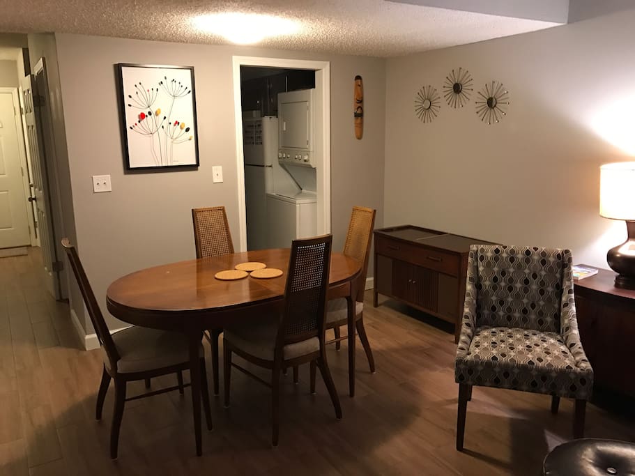 Dining room with a record player that works.