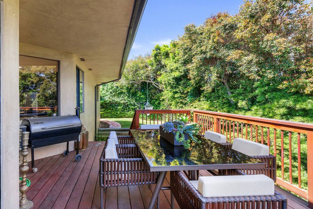 Traeger BBQ and wrap around deck great for hosting