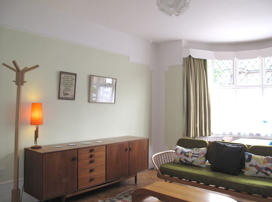 Downstairs Bedroom - coat stand, vintage Ib Kofod Larsen Teak sideboard