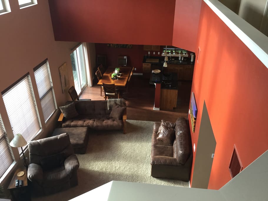 Great Room for Living and Dining has 55" HDTV and Fireplace