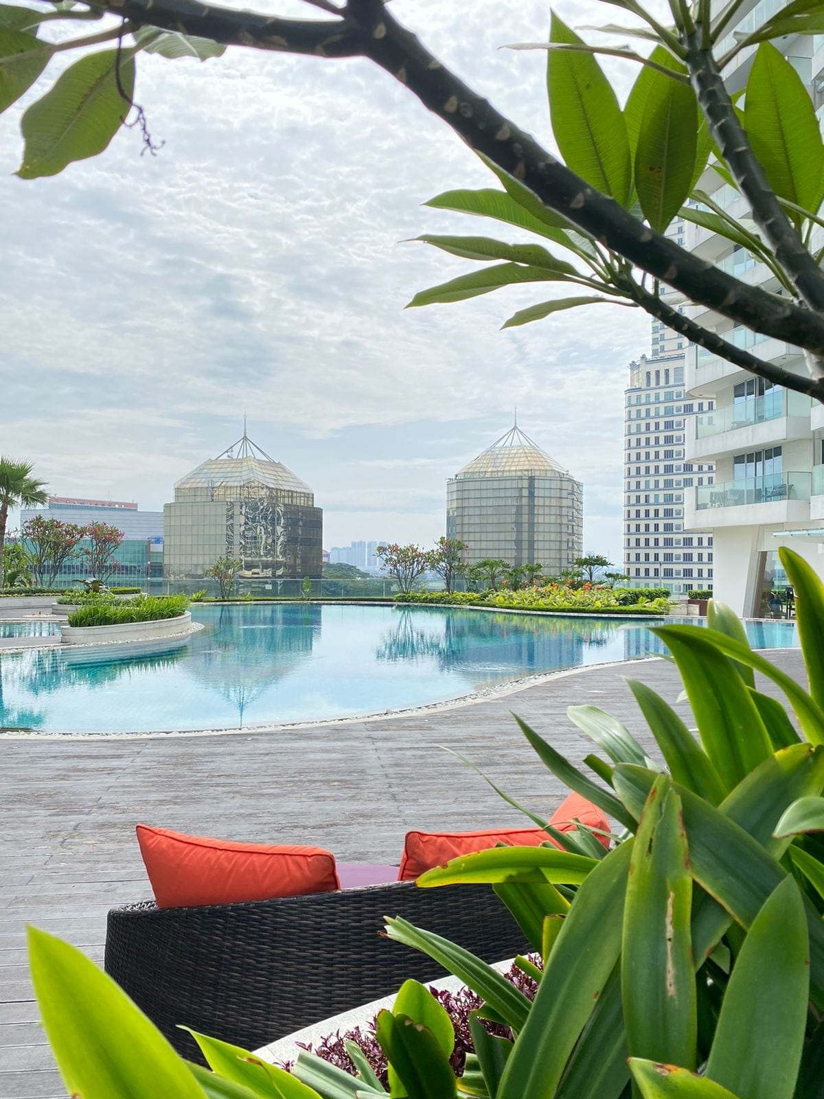 A serene outdoor pool area is framed by lush greenery and modern architecture. Comfortable seating with vibrant cushions is situated nearby, providing a relaxing spot. The pool reflects the sky, and contemporary buildings are visible in the background, enhancing the tranquil atmosphere.