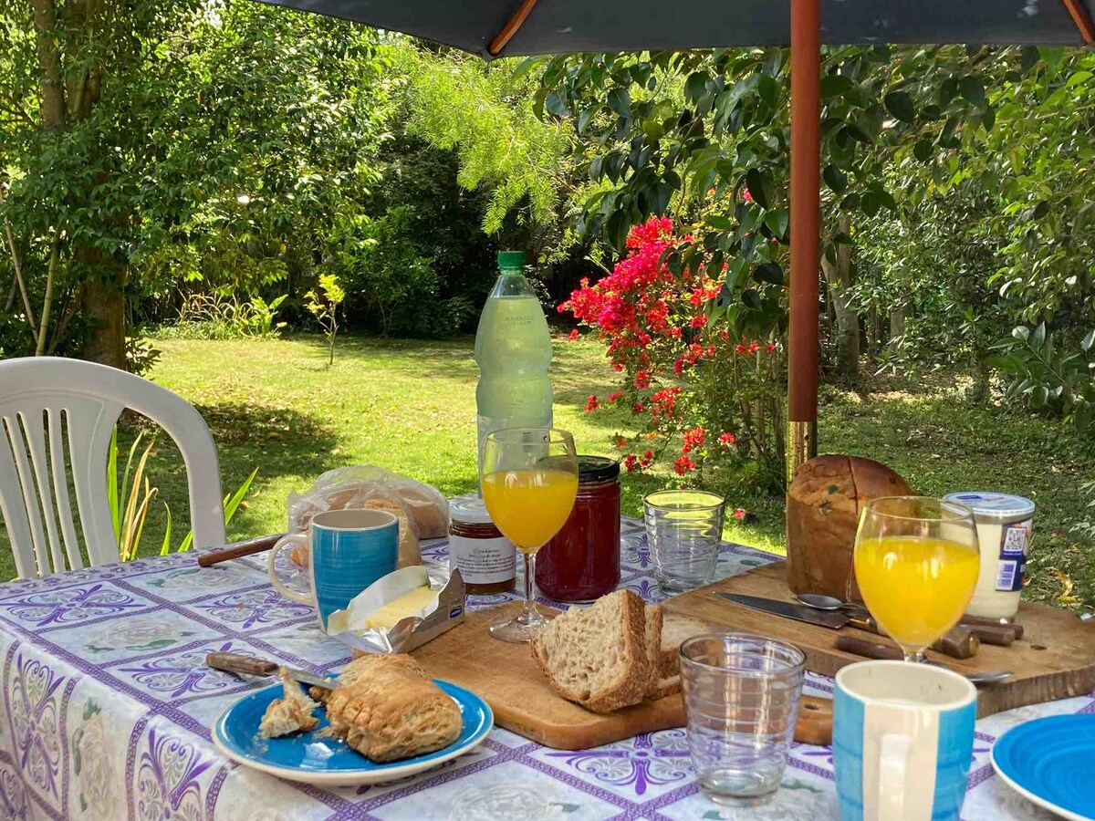 A table is set outdoors under a shaded umbrella, complete with breakfast items such as pastries, bread, and drinks. A vibrant garden with greenery and blooming flowers is visible in the background, creating a serene and inviting atmosphere for al fresco dining.