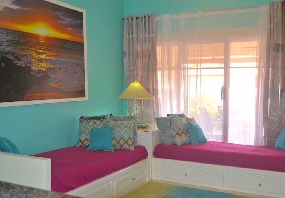 The sectional sofa converts to two twin beds.